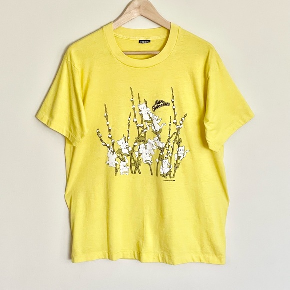 Vintage 1990 Cats On Pussywillows San Francisco Yellow Puff T Shirt Adult M - Picture 2 of 9